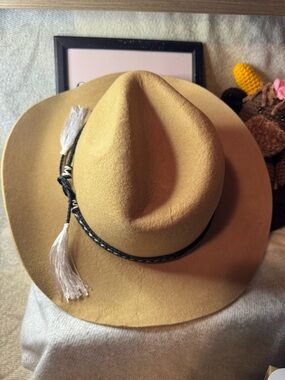 Wide Brim Hat in Tan with Braided Band & White tassel ends